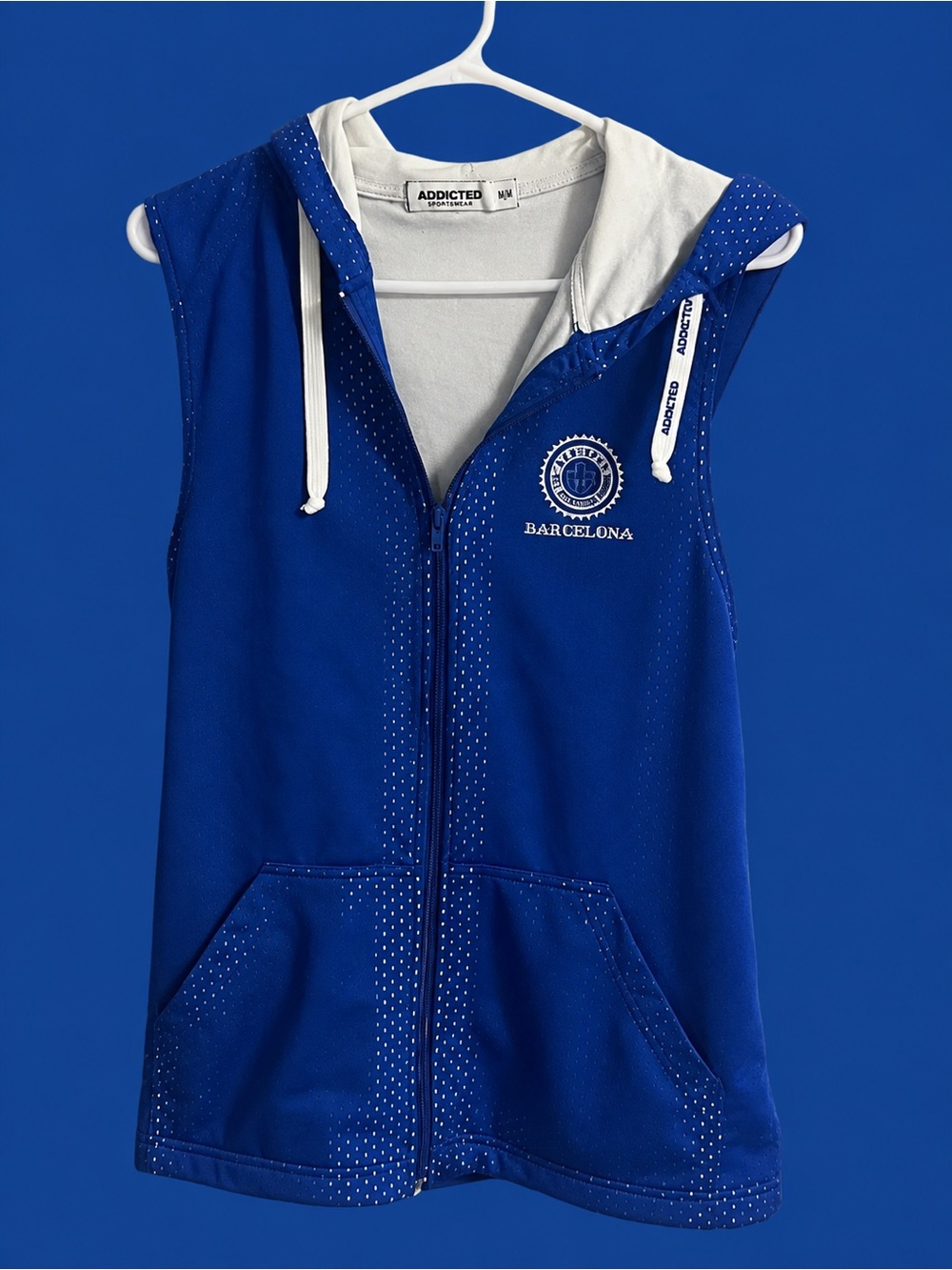 Addicted Brands Blue Sleeveless Hooded Zip-Up with White Lining